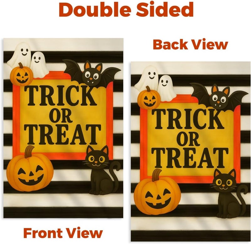 KarvePro Halloween Garden Flag 12x18 Double Sided – Trick or Treat Yard Flag with Pumpkins, Ghosts, Bat, Cat – Fall Outdoor Burlap Halloween Flag for Garden or Lawn - Image 5